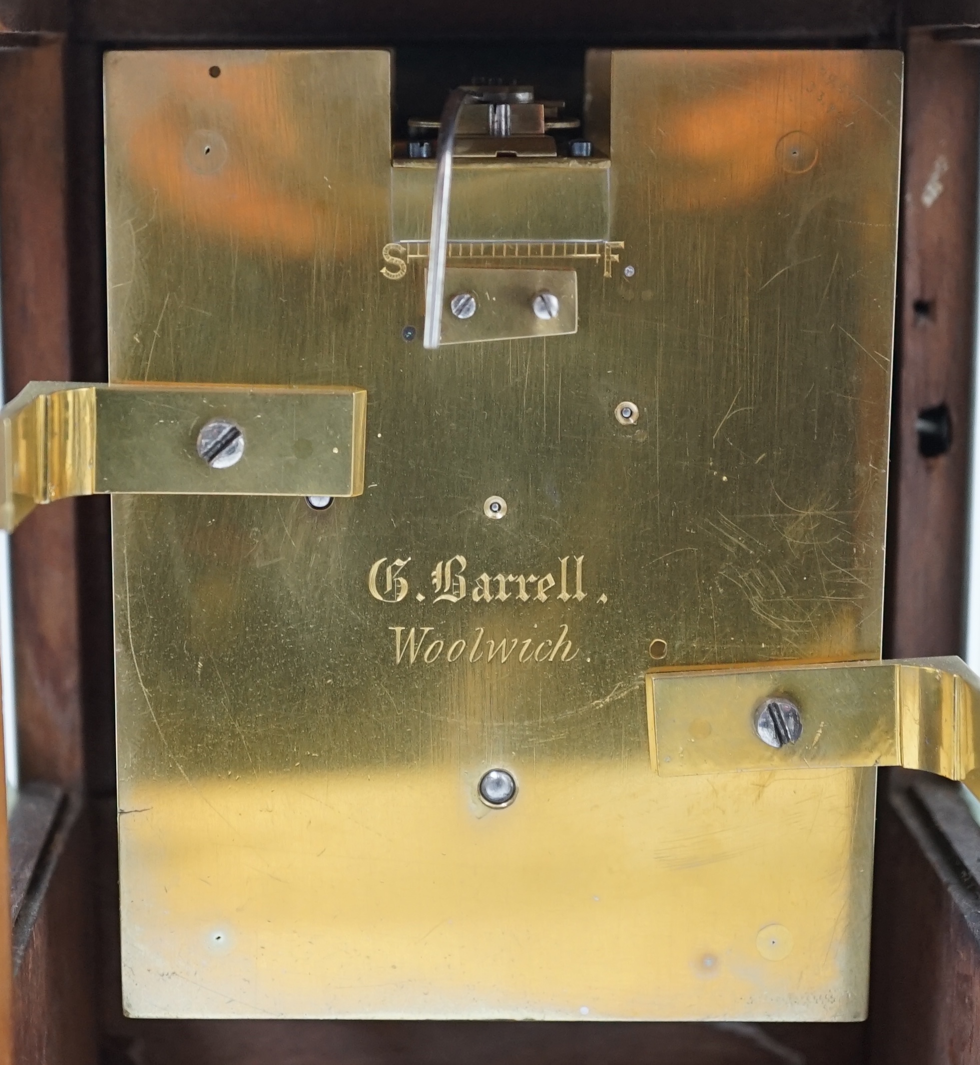 G. Barrell of Woolwich. An early Victorian mahogany cased carriage / mantel timepiece